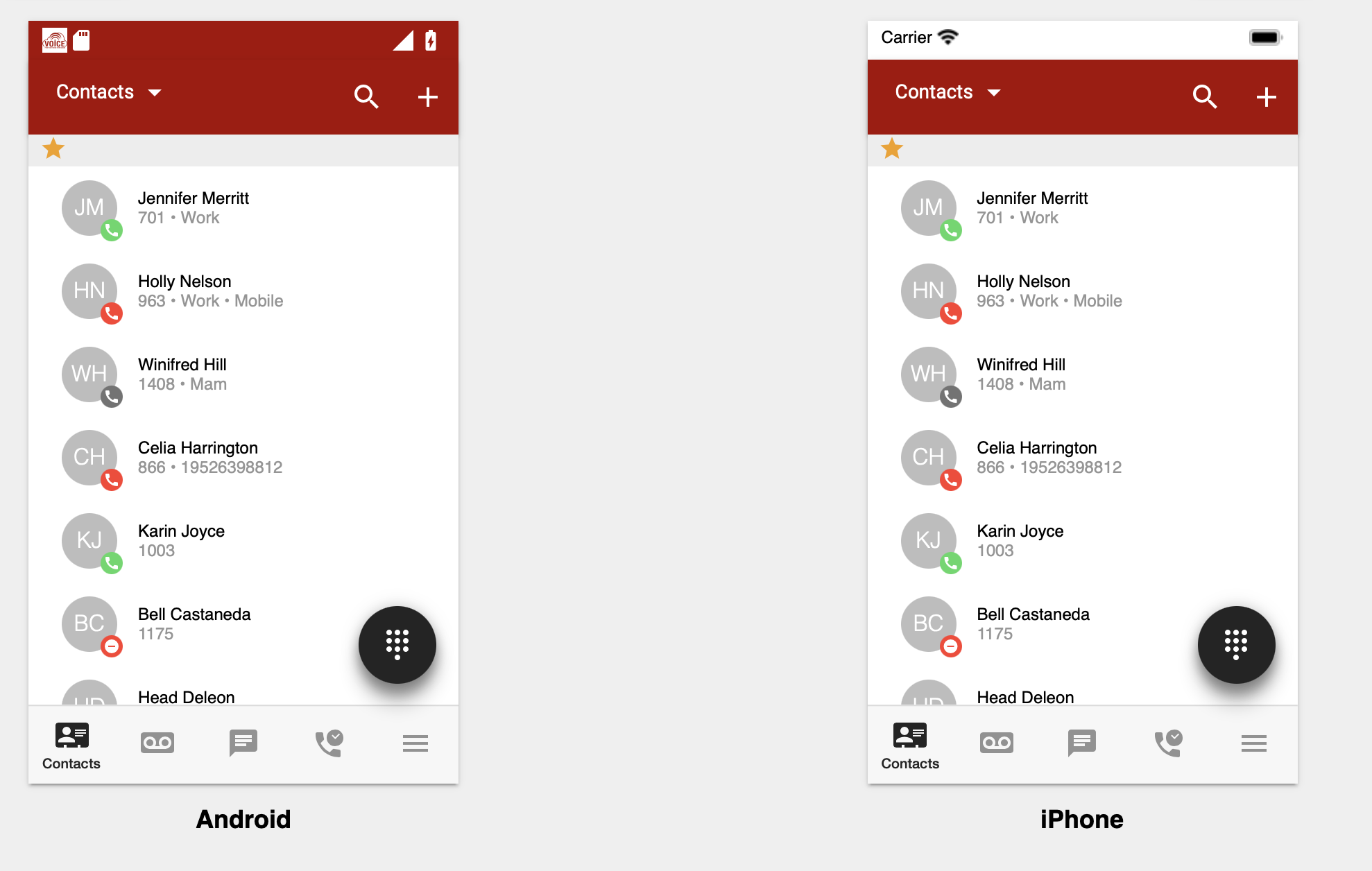 AbsoluteVOICE Android and iPhone Contacts Screens