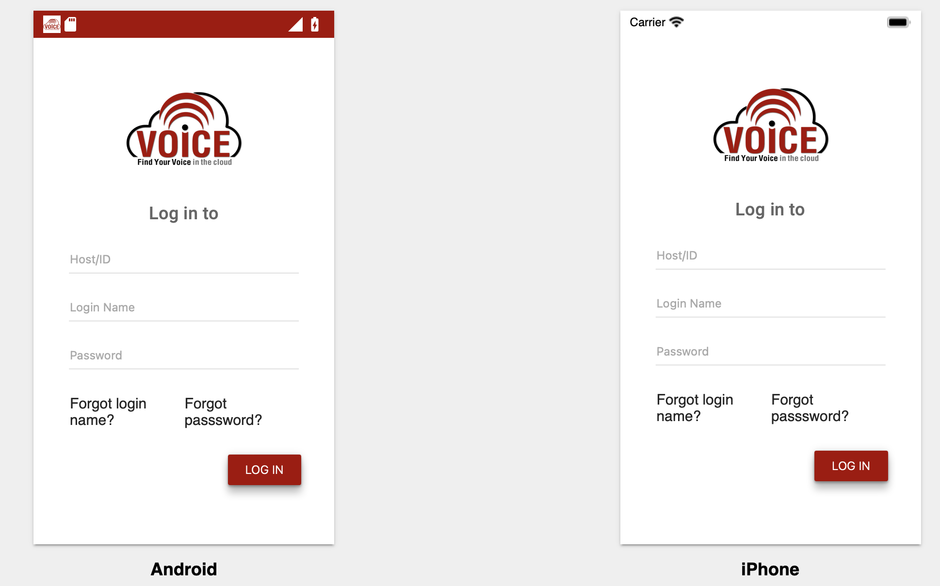 AbsoluteVOICE Android and iPhone Login Screens