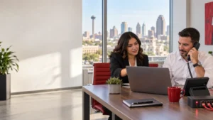 Two business professionals comparing VoIP phone services in a San Antonio office