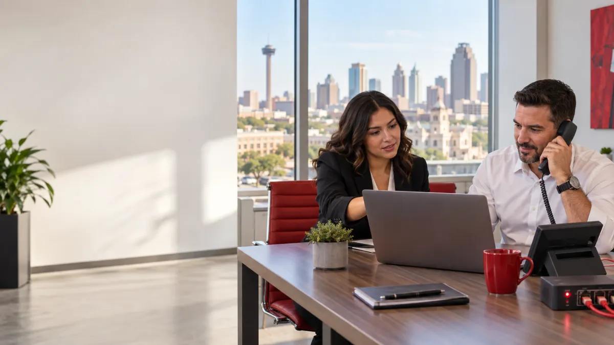Two business professionals comparing VoIP phone services in a San Antonio office
