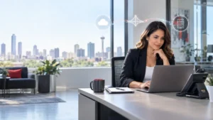 Business manager comparing hosted, on-premise, and hybrid phone systems in San Antonio office